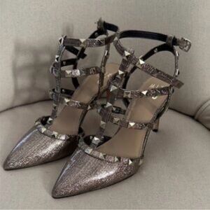 Studded Metallic Strappy Pointed-Toe Heels - size 10